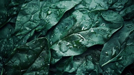 Fresh green spinach leaves, water drops, food texture