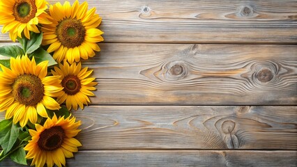 Obraz premium Vibrant Sunflowers Arranged on Rustic Wooden Background for Autumnal Designs