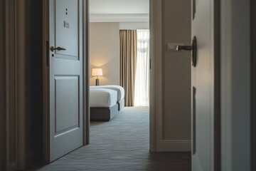Inviting hotel room entrance  modern interior with soft hues and bright illumination