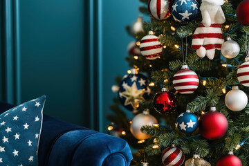 closeup of a christmas tree adorned with american flag inspired baubles, blending traditional holiday decor with patriotic themes in a stylish living room