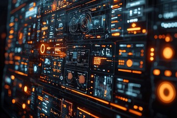 Futuristic digital interface with glowing orange data panels and analytics