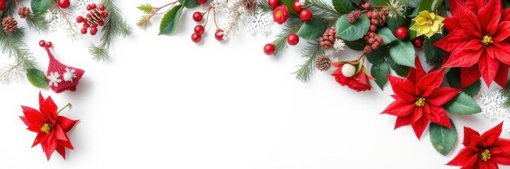 Vibrant red poinsettia flowers on a solid red background, flower arrangement, foliage, winter