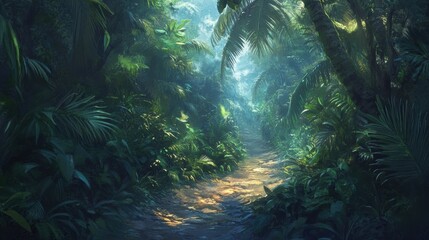 Obraz premium Lush Tropical Jungle Pathway with Sunlight Filtering Through Dense Foliage, Creating an Atmospheric and Serene Environment for Nature Lovers and Adventurers