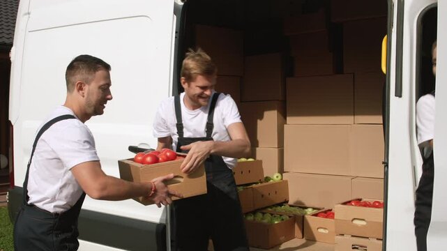 Transportation of fresh fruits and vegetables from producing warehouse on truck, delivery order of food for sale. Worker staff carrying boxes of tomato on lorry van, grocery supply