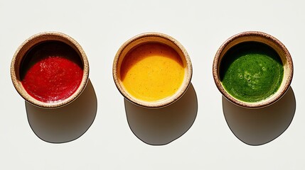 Red, green, and yellow vegetable soups in bowls, elegantly presented on a white background for a health-focused visual.