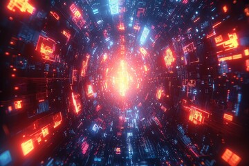 Obraz premium Futuristic digital technology background with glowing neon lights and data particles