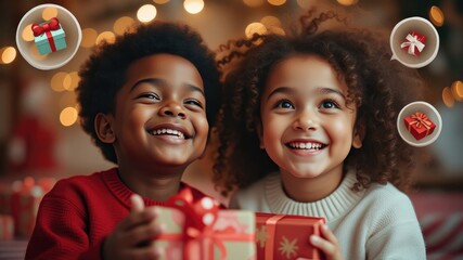 a little black boy and a girl, a smiling boy and a girl, large cartoon circles with gifts inside, a red wool sweater, curly hair, a festive Christmas background with blurred lights from garlands