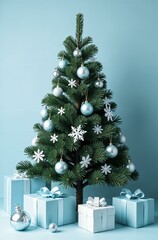 A whole fluffy green spruce with gift boxes 