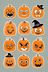 Obraz premium A Collection of Twelve Spooky and Cute Halloween Pumpkins with Diverse Expressions and Witch Hats, Perfect for Autumn Decorations, Stickers, or Party Supplies