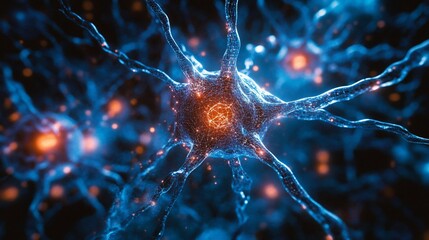 Microscopic view of a neuron with glowing synapses.