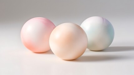 Fototapeta premium Three Pastel Colored Spheres Resting On White Surface