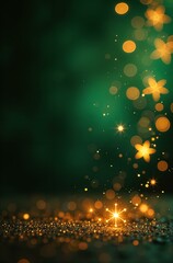 Black and green background with golden glow flashes and golden snowflakes