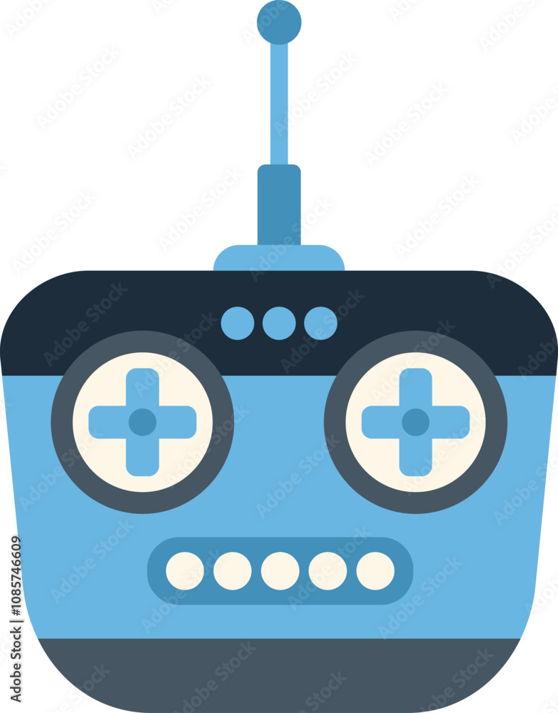 Poster blue and black remote control with an antenna extended upwards, featuring buttons and switches for c