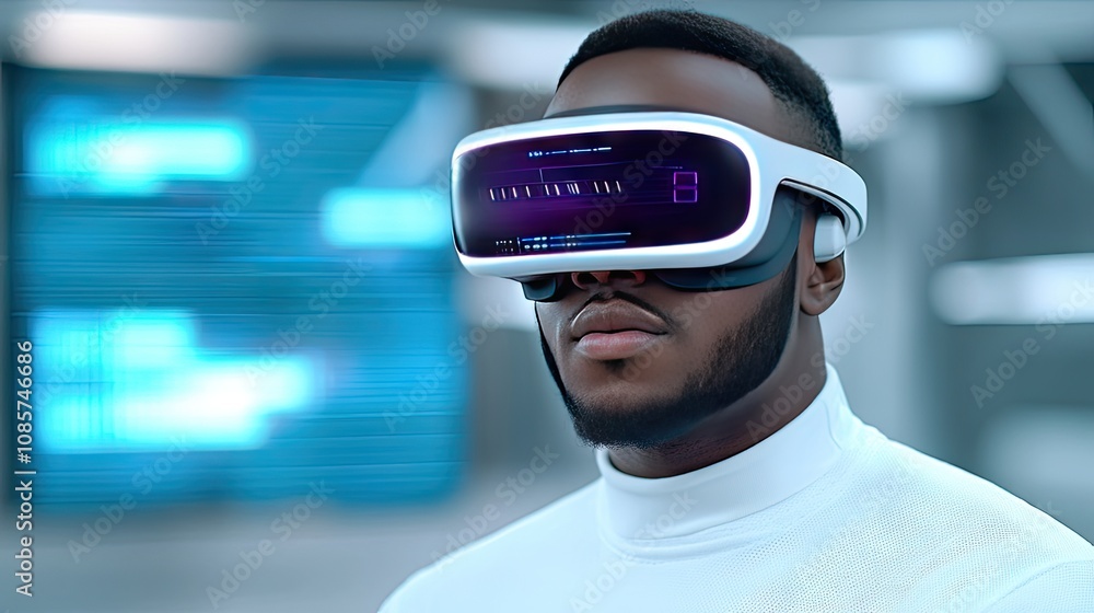 Poster exploring futuristic realities: a black man experiences immersive cyberpunk technology with a virtua