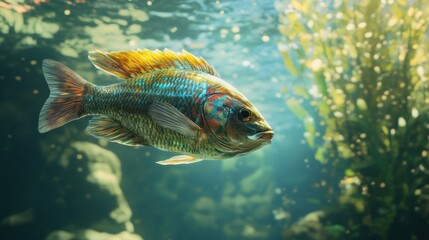 A Vibrant Freshwater Fish Swimming Gracefully Through Clear Waters Surrounded by Lush Aquatic Plants and Soft Sunlight Filtering from the Surface