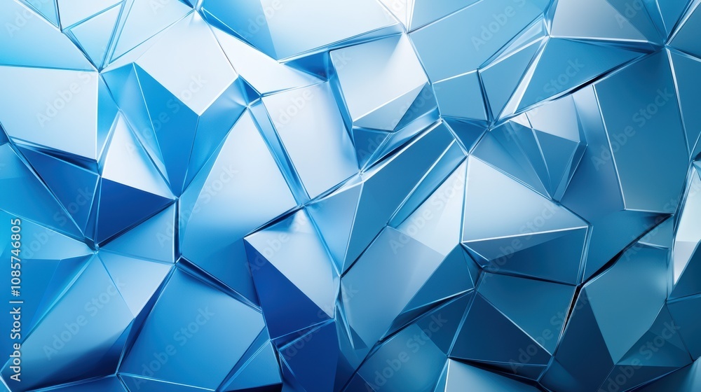 Poster abstract geometric background featuring shiny blue triangular shapes and facets in three-dimensional