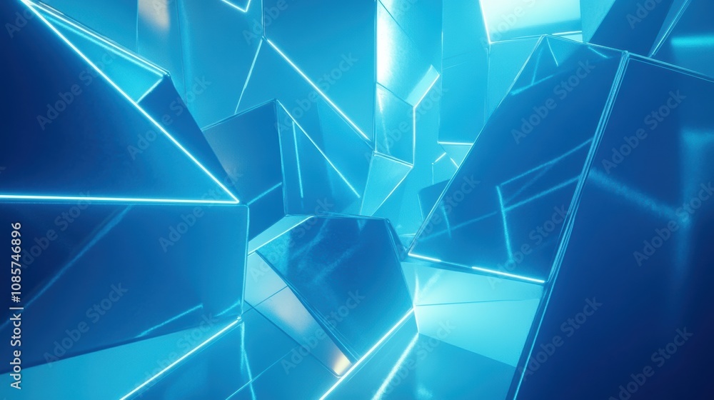 Poster abstract futuristic background featuring reflective geometric shapes illuminated by blue neon lights