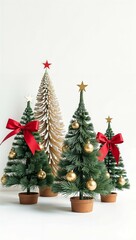 Four decorated Christmas trees isolated on white background