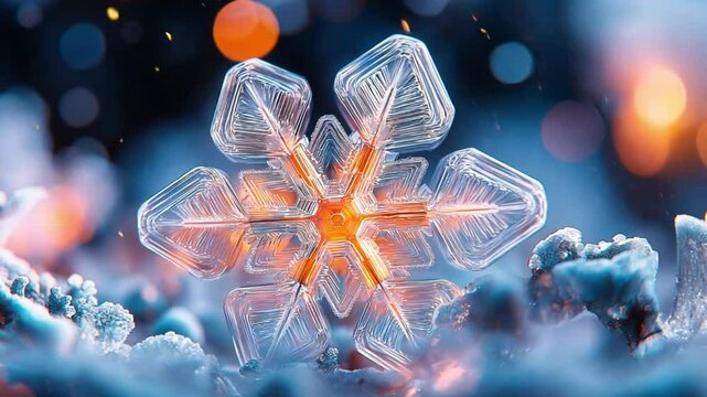 A close-up of a delicate snowflake with intricate patterns and warm orange light shining through.