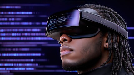 A Black man explores futuristic virtual environments while wearing a high-tech headset, immersed in a vibrant cyberpunk atmosphere