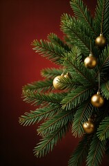 branches of green spruce with golden balls