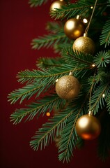 Fototapeta premium branches of green spruce with golden balls