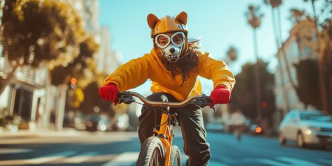 Dog-masked teen in a playful pose on an urban bike lane, quirky and light-hearted,