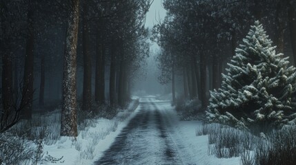 Snowy forest road, winter scene.