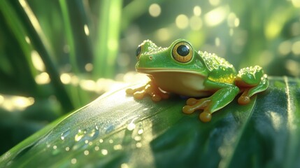 Vibrant Green Frog Resting on Leaf in Lush Rainforest with Soft Light and Dew Drops, Capturing the Beauty of Nature and Wildlife in a Tranquil Environment