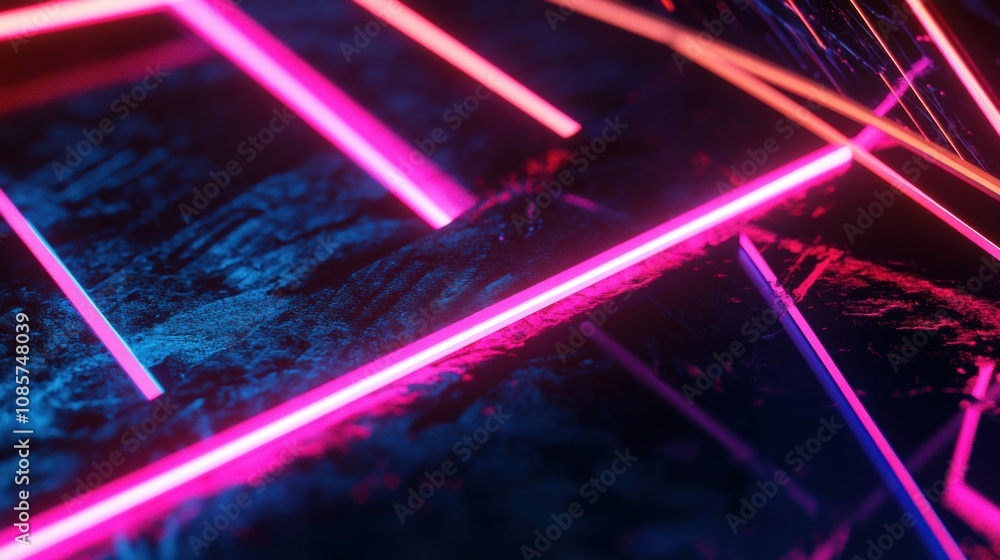 Poster vibrant neon light patterns on a dark futuristic surface with textured elements and high contrast co