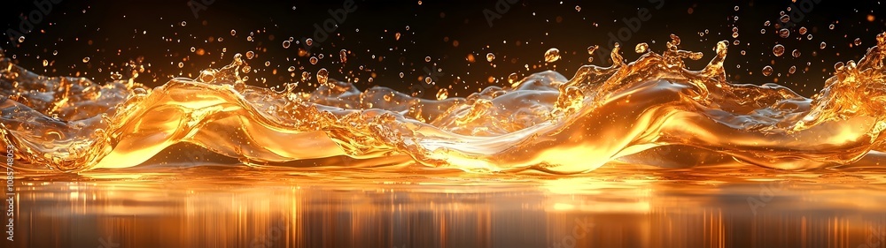 Poster a mesmerizing close-up of golden water splashes, with shimmering droplets caught in the light, creat
