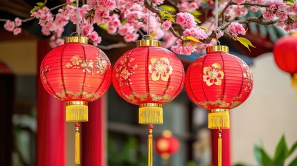 Traditional Chinese New Year background with blooming cherry blossoms, intricate red lanterns, and bamboo stalks, set against a festive red and gold backdrop.
