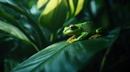 Vibrant Green Frog Resting on a Leaf Surrounded by Lush Tropical Foliage in a Pristine Rainforest Environment