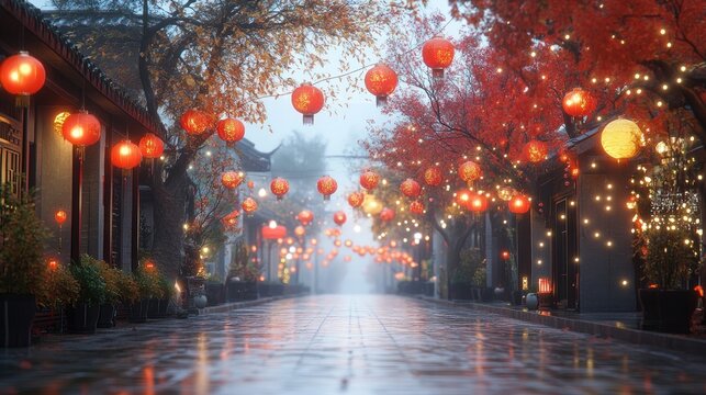 Traditional Chinese street with red lanterns and festive decorations on a misty morning