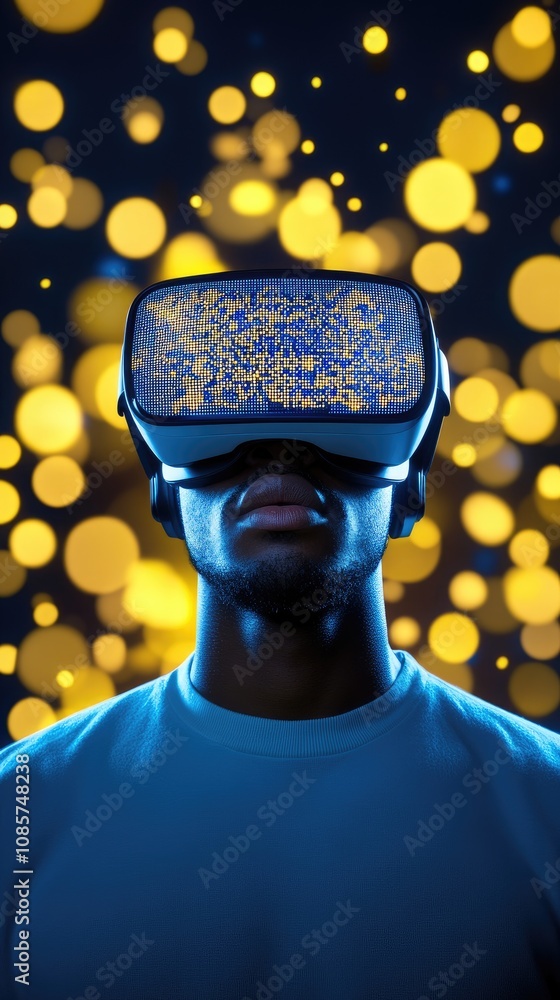 Poster a black man immersed in virtual reality explores digital code in a vibrant cityscape filled with cyb