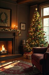 Room with fireplace and fir tree in New Year's decoration