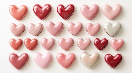 Valentin's Day background featuring soft pink and red hearts in different sizes arranged in a balanced composition, all on a white background