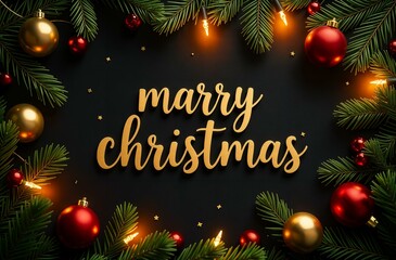 The inscription in gold Marry Christmas in the center of the frame on a black background around which are located New Year's gold and red toys and a garland of warm yellow glow