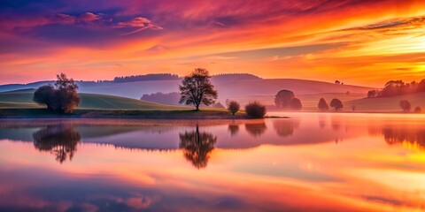 Obraz premium Serene Sunset Reflection on a Calm Lake, Surrounded by Rolling Hills and Silhouetted Trees