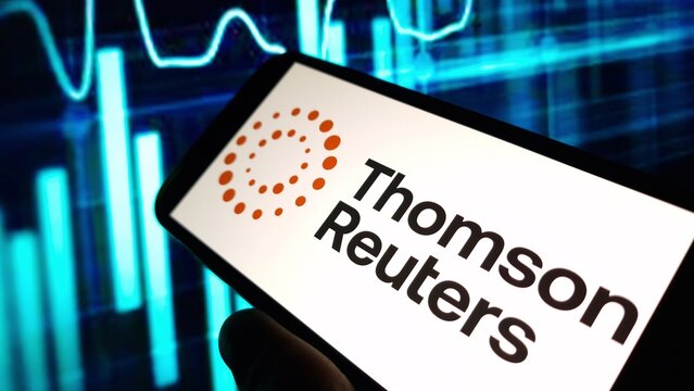 Konskie, Poland - November 15, 2024: Thomson Reuters company logo displayed on mobile phone