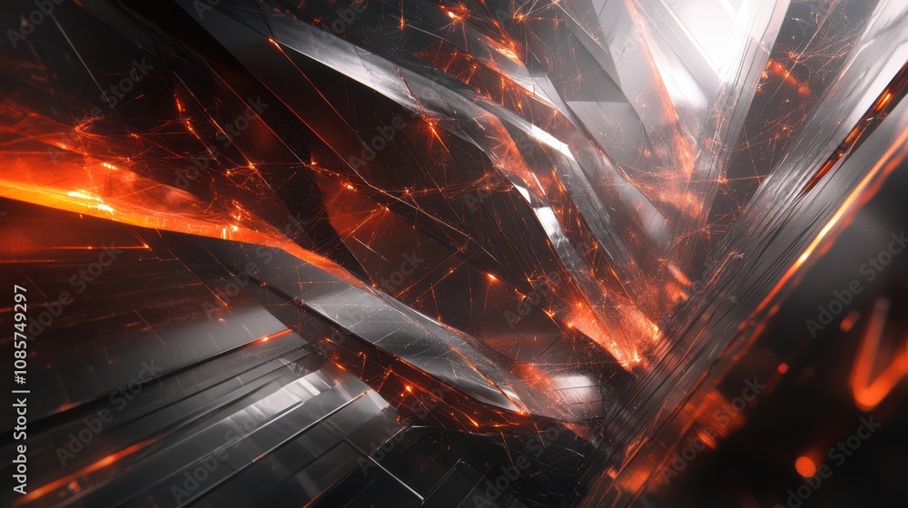 Poster abstract digital art of dynamic light and dark glass shapes with fiery orange highlights creating a 