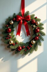 Christmas wreath on a white background with red satin ribbon bow and New Year decorations with shadow 