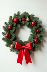 Christmas wreath on a white background with red satin ribbon bow and New Year decorations