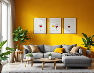 A modern living room with a gray sectional sofa, a coffee table, and three framed minimalist illustrations on the wall