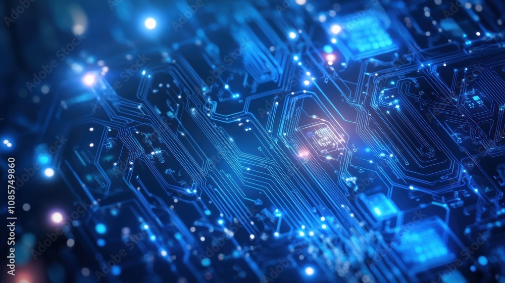 Poster high-tech abstract circuit board design with blue light and digital patterns representing modern tec
