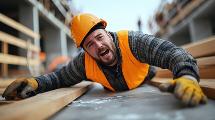 Construction worker slip accident on site urban environment safety awareness industrial setting