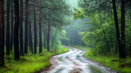 Naklejka premium Quiet road after rain in pine forest, fresh and rejuvenating