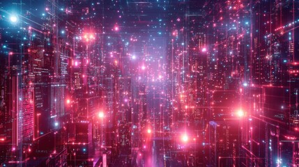 Fototapeta premium Abstract representation of a futuristic digital universe filled with glowing particles, vibrant lights, and intricate patterns, symbolizing technology and innovation in a virtual space