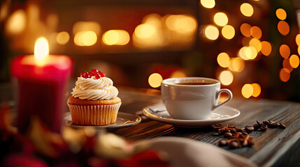 Fototapeta premium A cozy scene featuring a cupcake with frosting, a cup of coffee, and a candle, all set against a backdrop of warm, glowing lights.