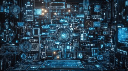 Fototapeta premium Futuristic Digital Interface Display with Glowing Blue Technology Elements and Complex Patterns in a High-Tech Cyber Environment